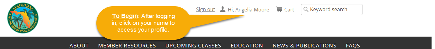 Instructions pointing at the user's name at the top of the screen to access their account